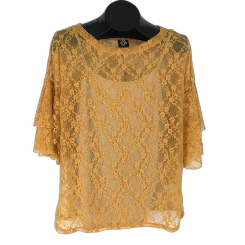 Bobeau Lace Overlay Top Women's Medium Ruffle Sleeve Mustard Yellow Stretch